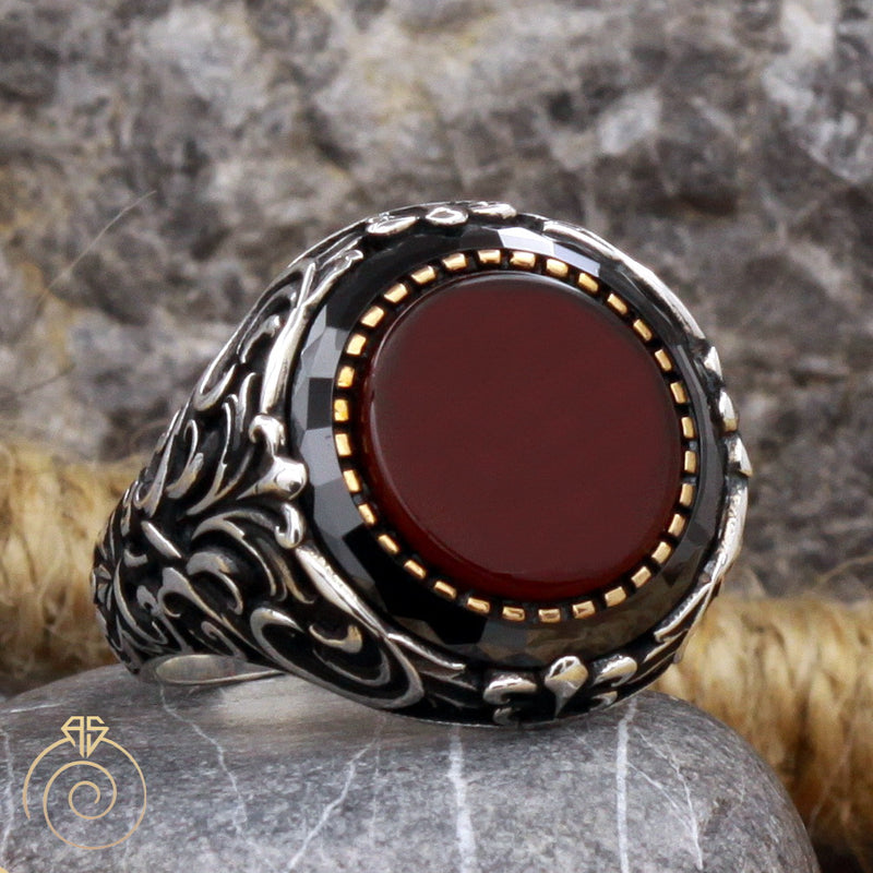 Men Ring Agate Opal Gemstone Red Carved Silver Vintage Oval Aqeeq Size –  AGARTA