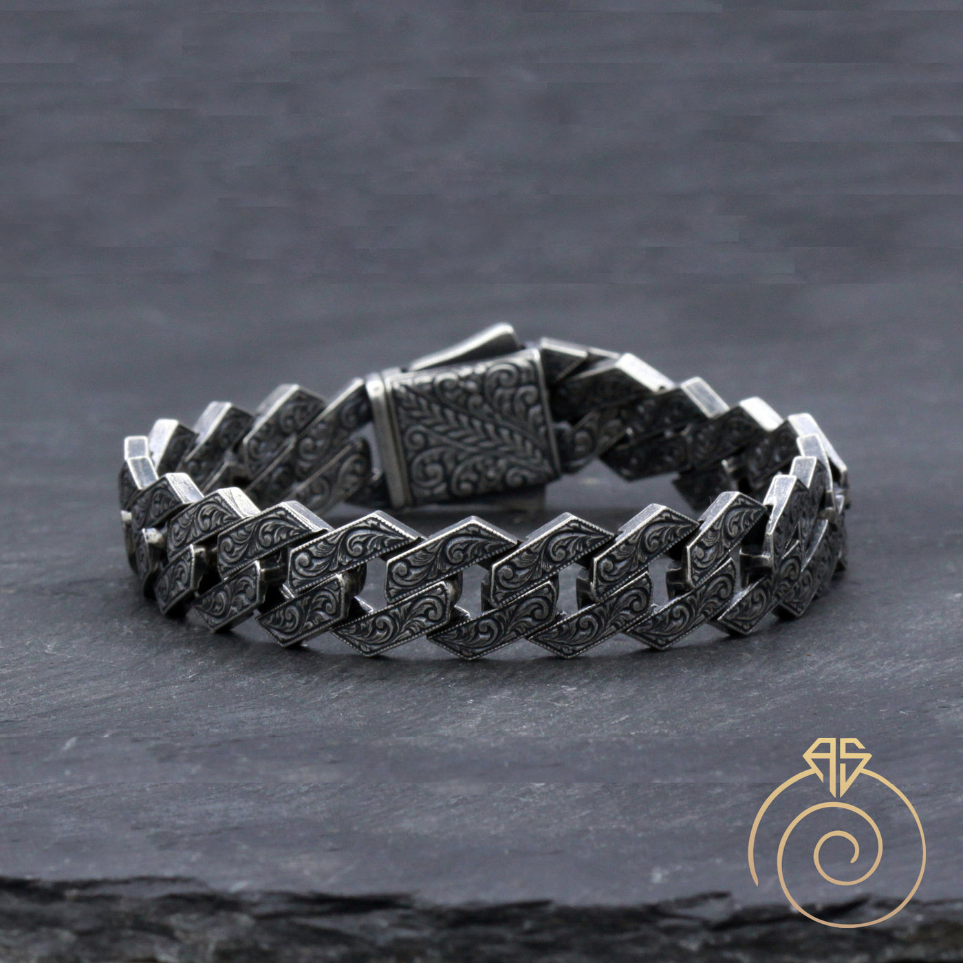 Silver Curb Link Chain Bracelet Heavy Men's Engraved Handmade Bracelet –  AGARTA
