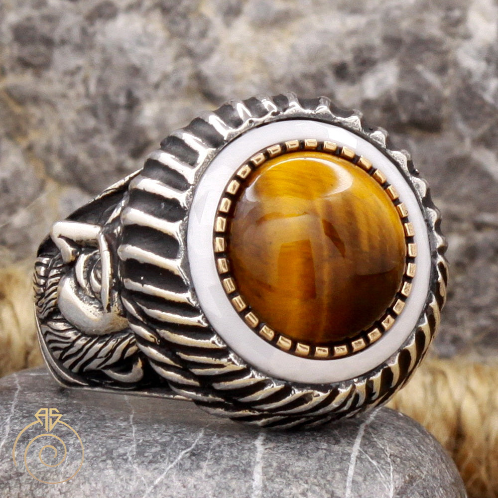 Oval Blue Tiger's Eye Ornamented Silver Ring | Boutique Ottoman Exclusive